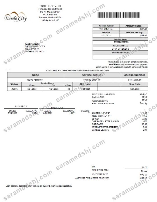 USA Tooele city utility bill template in Word and PDF formats